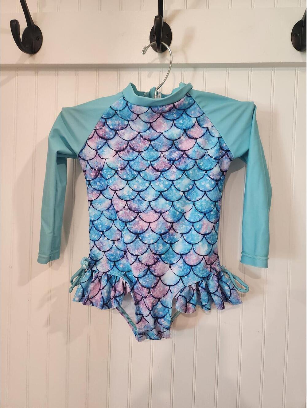 Girls Mermaid Scale One-Piece Swimsuit | Long Sleeve Rash Guard Swimwear